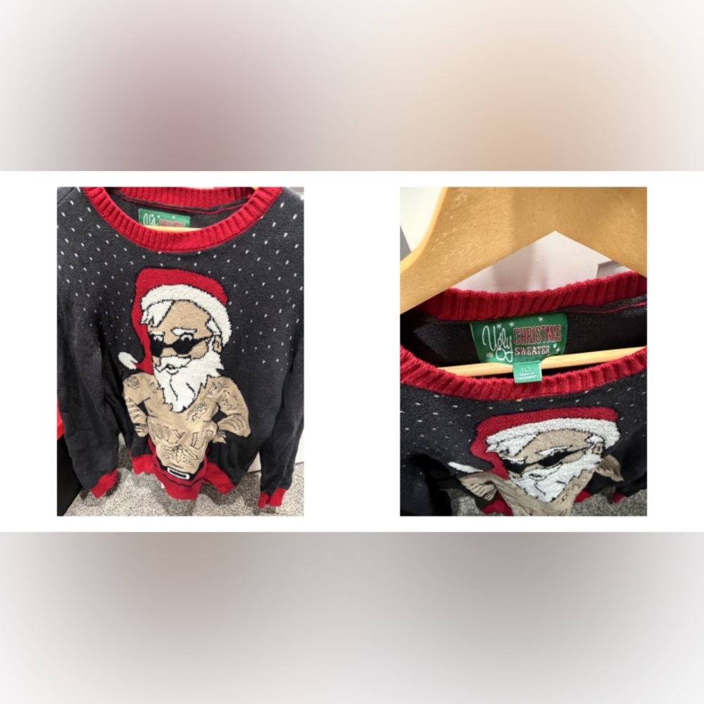 Funny Santa Ugly Christmas Sweater Tattooed Santa Sunglasses Holiday Pullover L